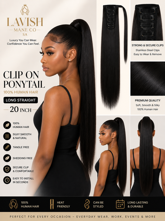 20 inch Natural Black Clip-In Ponytail 100% Human Hair