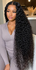Glueless Water Wave 100% Human Hair Wig – Natural Black | Transparent Lace