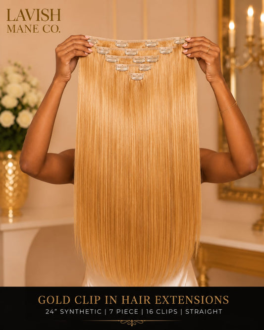 Gold 24 Inch Straight Synthetic Clip-In Hair Extensions | 7 Pieces | 16 Clips