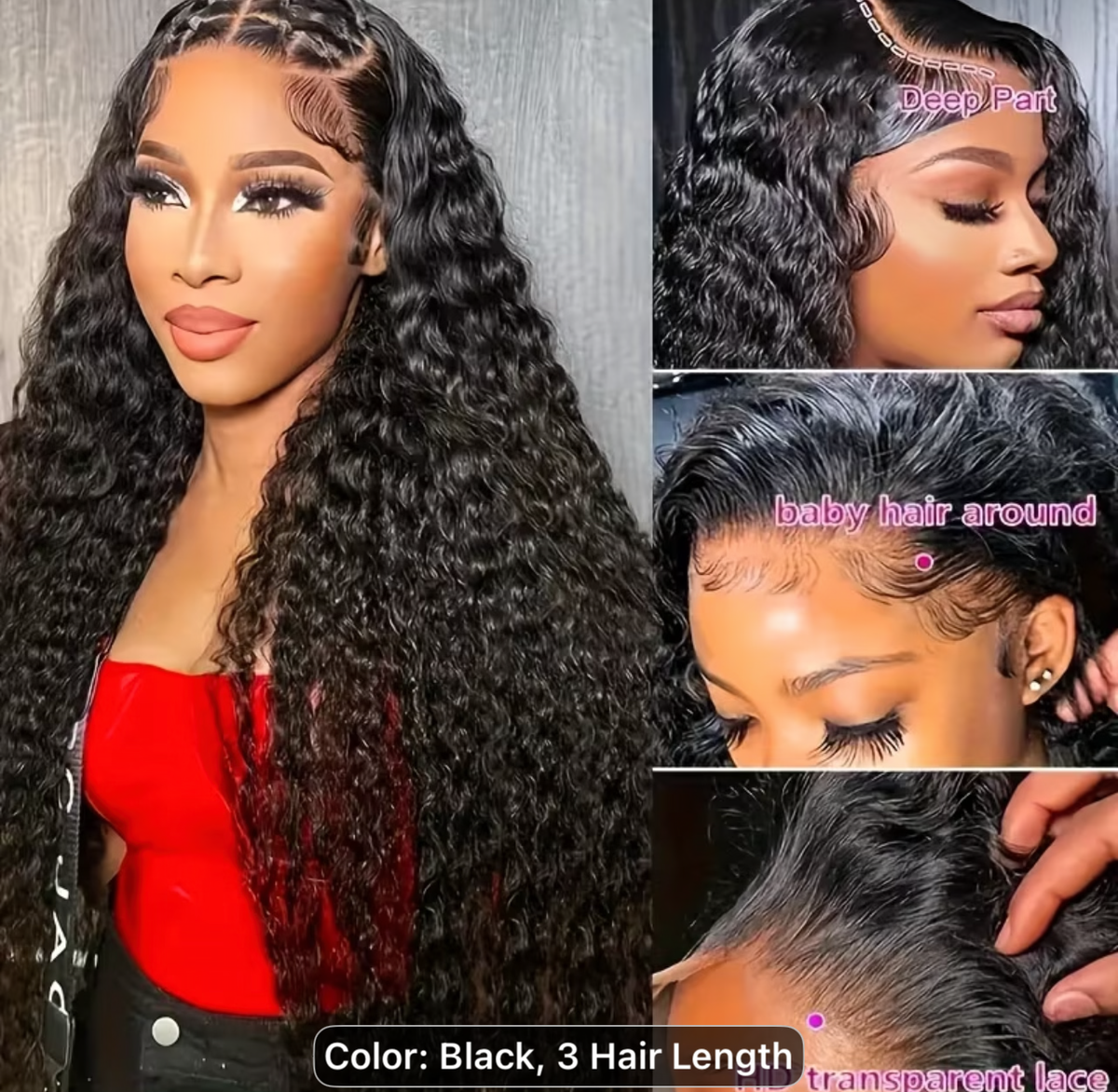 Glueless Water Wave 100% Human Hair Wig – Natural Black | Transparent Lace