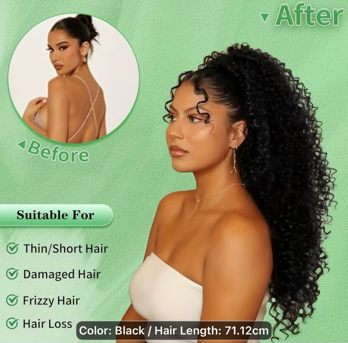 28” Kinky/Jerry Curly Ponytail – 100% Human Hair | Clip-In Drawstring Ponytail