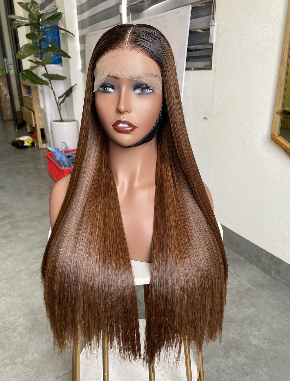 Glueless Chocolate Brown Bone Straight Wig – 100% Human Hair