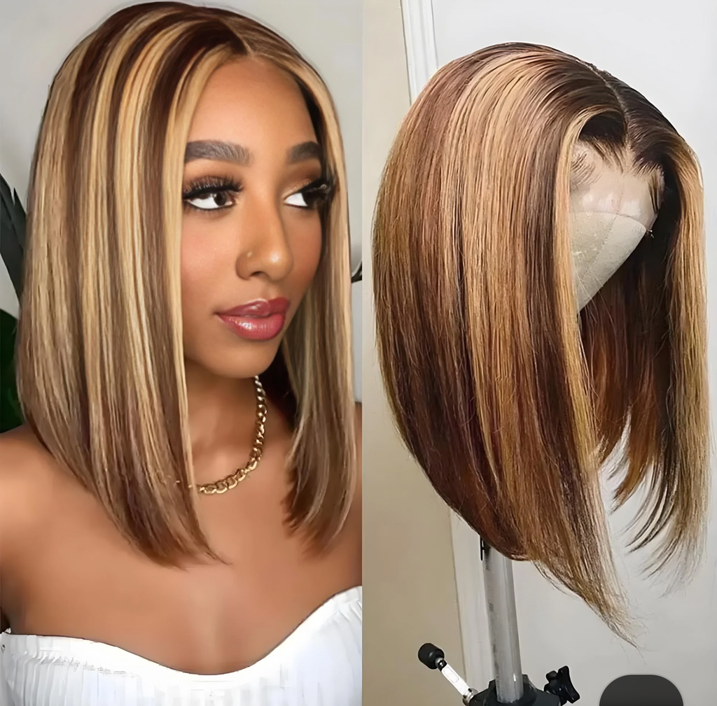 13×4 Straight Bob Lace Wig – Chestnut Brown with Honey Blonde Highlights | 100% Human Hair