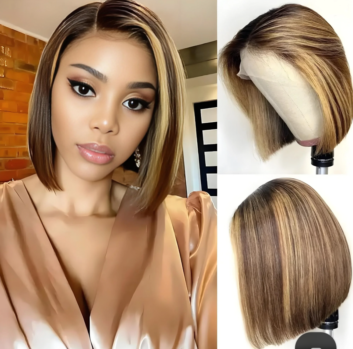 13×4 Straight Bob Lace Wig – Chestnut Brown with Honey Blonde Highlights | 100% Human Hair