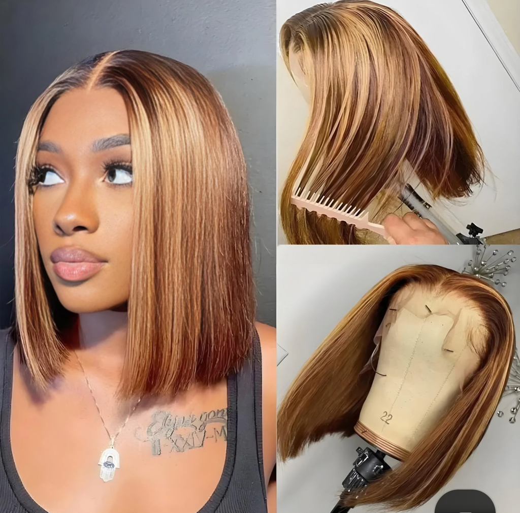 13×4 Straight Bob Lace Wig – Chestnut Brown with Honey Blonde Highlights | 100% Human Hair