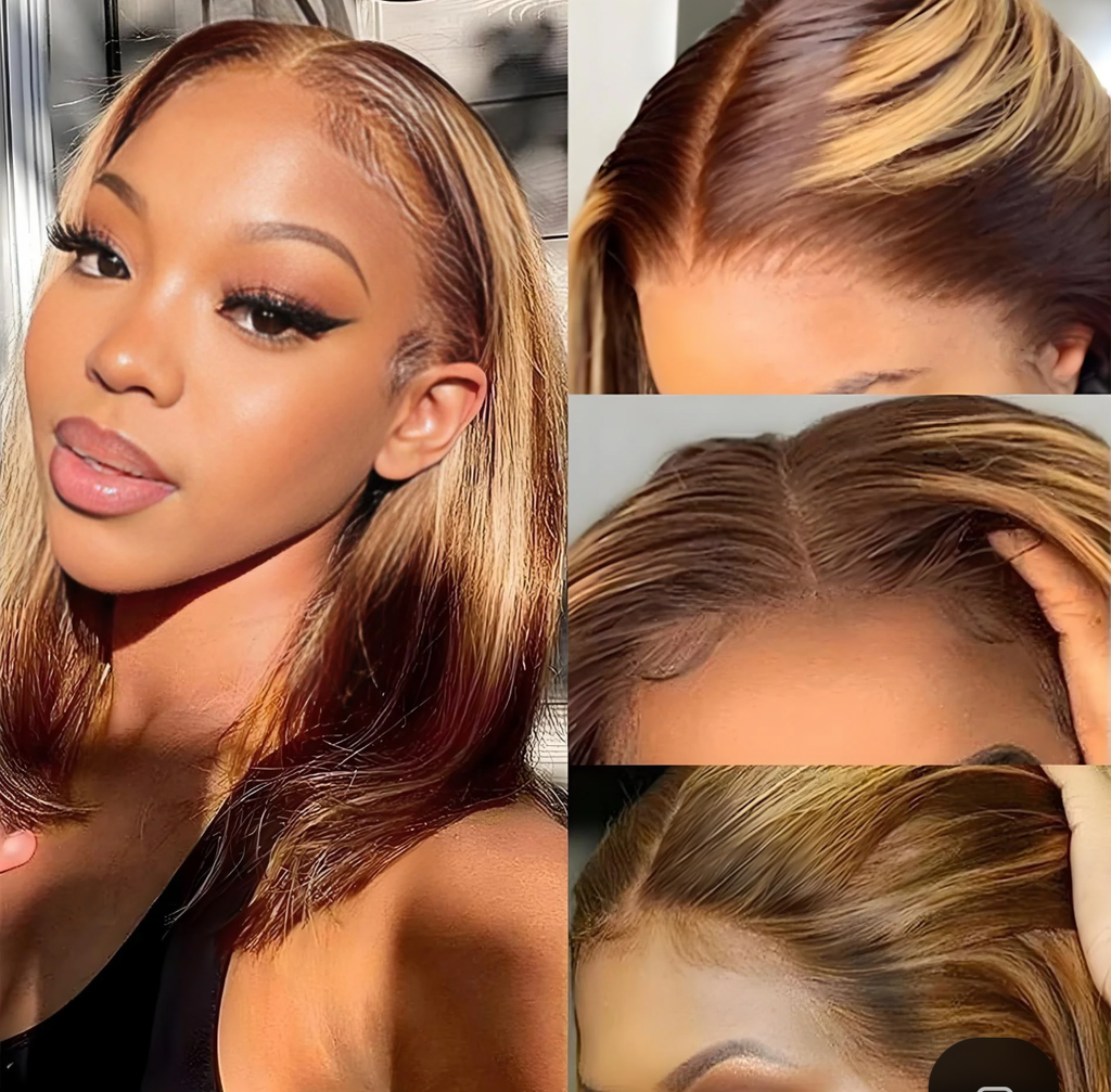 13×4 Straight Bob Lace Wig – Chestnut Brown with Honey Blonde Highlights | 100% Human Hair