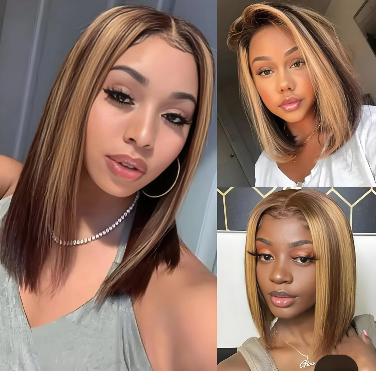 13×4 Straight Bob Lace Wig – Chestnut Brown with Honey Blonde Highlights | 100% Human Hair
