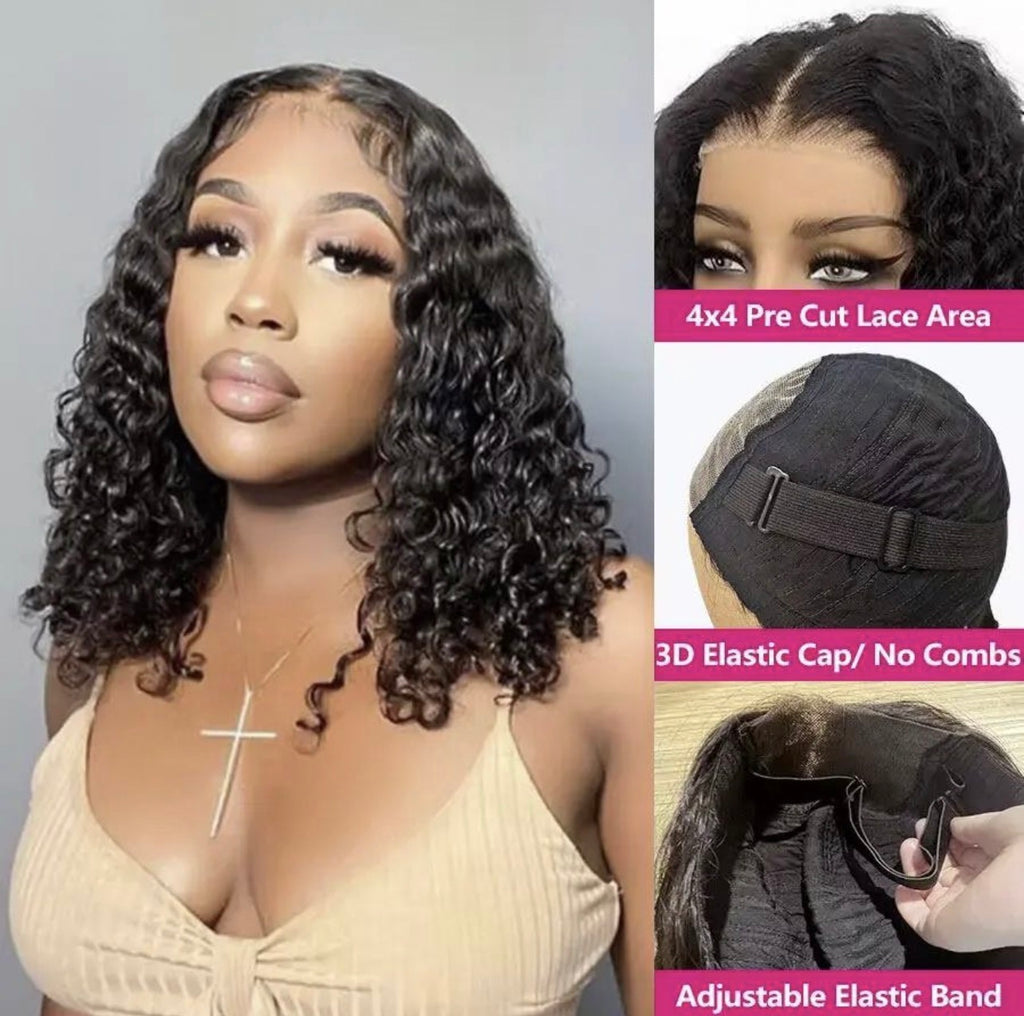 10” Glueless Deep Wave Curly Bob Wig – 4×4 Lace Closure | 100% Human Hair